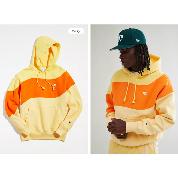 Champion x Urban Outfitters Sweatshirt Mens Med Colorblock Hoodie Yellow Orange - Picture 1 of 11